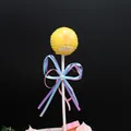 Yellow sequin ball cake topper with blue and pink ribbon bow for birthday party - Round Topper / Yellow
