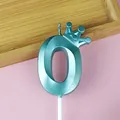 Vela de cumpleaños número 0 verde azulado metálico con corona 3D para decoración de pasteles - Corona Número 0 / Azul claro