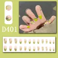 Detail view of green floral press-on nails featuring 3D butterfly charms and 24 pieces - 24 Pcs/Set / Pink Green French Floral Butterfly Style (D401)