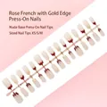 Detailed view of 30pcs rose red French press-on nails with elegant gold trim - Rose Red French Gold Edge Style (S108-T) / 30 Pieces/Strip (Includes XS/S/M Sizes)
