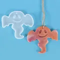 Halloween ghost silicone mold and finished resin hanging ornament on blue background. - Winged Ghost Mold (60-986-D)