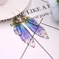 Elegante lange Schmetterlingsflügel-Ohrringe mit blau-violettem Verlauf und Straß - Bronze - Blau Strass