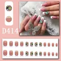 Detailed view of pink French press-on nails with butterfly and rhinestone accents. - 24 Pcs/Set / Pink French Butterfly Print Rhinestone Style (D414)