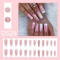 Faux ongles French ombre longs avec paillettes et strass, SKU D524 - Dégradé Rose Blanc Paillettes Perle Strass Style Cercueil (D524) / 24 Pièces/Ensemble