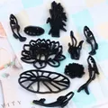 Set zwarte fondantsteker in de vorm van lotus en vissen voor DIY-taartdecoratie en bakken - Lotusvijver Koi Serie (83009) / 9-Delige Set