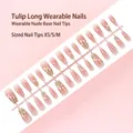 Close-up of 30pcs long press-on nails with pink gradient and tulip floral design. - Tulip Painted Style (S158-T) / 30 Packs / Pink Tulip