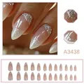 Detail view of nude pink French tip press-on nails with silver glitter accents. - French Almond Press On Nails (A3438) / 24 Pcs/Set / Nude Pink with Fine Shimmer