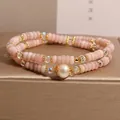 Elegant double-strand pink opal bracelet for women with central pearl and crystal accents - Main Style / Pink Simulated Opal