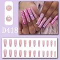 Long pink press-on nails with floral patterns, glitter, and elegant rhinestone accents - 24 Pcs/Set / Pink Purple Gradient Relief Floral Rhinestone Style (D418)
