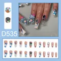 Faux ongles style français bleu avec motifs papillons et breloques oursons 3D à paillettes - Style Ornement 3D Chat Nœud Papillon Bleu (D535) / 24 Pièces/Ensemble