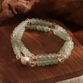Elegant double-strand pale green beaded bracelet with white pearl and crystal accents - Double Wrap Bracelet / Green Jade Color