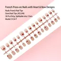 Set of 30 French press-on nails with red heart and bow designs in sizes XS/S/M - Sweet Heart Bow Style (S124-T) / 30 Pcs/Strip / Flesh Pink