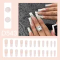 Coffret de faux ongles French longs avec perles et motifs papillons argentés brillants - Style Long Papillon à Paillettes Perle Française (D543) / 24 Pièces/Ensemble