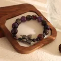 Natural 12mm purple amethyst beaded bracelet featuring a vintage metal butterfly charm - Amethyst Butterfly Bracelet Set