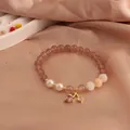 Handmade strawberry quartz and freshwater pearl beaded bracelet with pink cherry charm - Pink Heart Style