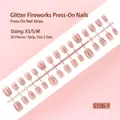 S106-T Fireworks pattern press-on nails in glitter nude finish with 30 pieces - Nude Pink Gradient Colorful Fireworks Style (S106-T) / 30 Pieces/Strip (Includes XS/S/M Sizes)