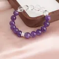 Natural 12mm purple amethyst and clear quartz beaded bracelet on pink silk cloth - Amethyst White Moonstone Bracelet