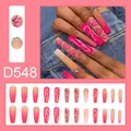 Faux ongles longs cercueil à coller avec dégradé rose, cœurs, lettres et strass. - Style Strass Lettres Cœur Dégradé Rose (D548) / 24 Pièces/Ensemble
