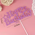 Detail view of purple glitter Happy Birthday cake topper with dimensions 12.8x6.3cm. - Hollow Star Happy Birthday Purple