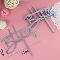 Silberner Spiegel-Acryl Happy Birthday Tortenaufsatz Dekoration 10x12cm - Kreis HB Silber Stil