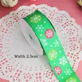 Festive 2.5cm green ribbon with colorful snowflake patterns for Christmas gift wrapping - 2.5cm Wide Tricolor Snowflake Green 10 Yards