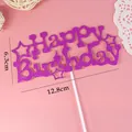 Purple glitter Happy Birthday cake topper with star decorations, size 12.8cm x 6.3cm - Hollow Star Happy Birthday Rose Red