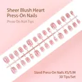 Set of 30 ice translucent blush heart pattern press-on nails in sizes XS, S, and M - Ice Transparent Blush Pink Heart Style (S112-T) / 30 Pieces/Strip (Includes XS/S/M Sizes)