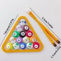 Miniature billiard ball set cake topper with cues and rack, size dimensions shown - Billiards Set
