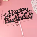 Black glittery Happy Birthday cake topper with dimensions 12.8cm by 6.3cm details. - Hollow Star Happy Birthday Black