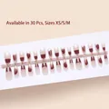 Lot de 30 faux ongles bordeaux autocollants disponibles en tailles XS, S, M pour salons - Rouge Bourgogne Or Estompé Style (S259-T) / Pack de 30