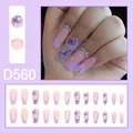 Faux ongles longs chic forme cercueil avec papillons violets et strass pour femmes. - Papillon Lavande Paillettes Strass Style Cercueil (D560) / 24 Pièces/Ensemble