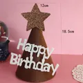 Detalle de gorro de cumpleaños de fieltro marrón con estrella y medidas 12x18.5cm - Estrella Marrón Happy Birthday