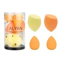 ALYAN makeup sponge set with slanted and teardrop blenders in bright yellow and orange. - 4 Pieces/Pack (Medium + Mini) / Yellow