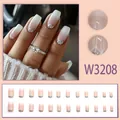 Nude-rosa französische Aufpressnägel mit Farbverlauf und silbernem Glitzer in kurzer eckiger Form - Eleganter Farbverlauf-Stil (W3208) / 24 Stück/Set