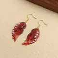 Vintage dark red butterfly wing earrings with sparkling rhinestones and gold hooks - New Angel Wing (Rhinestone) / Red