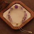 Natural amethyst bead bracelet with adjustable gold chain and irregular stone accents - Amethyst Chips Adjustable Bracelet