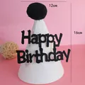 Gorro de fiesta de fieltro blanco con texto Happy Birthday y pompón - Pompón Gris Happy Birthday / 12x16cm