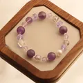 Handmade 12mm natural amethyst beaded bracelet with crystal accents on wood tray - Amethyst Single Loop Bracelet