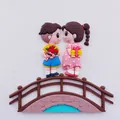 Cartoon couple meeting on bridge cake topper for Qixi Valentine's Day romantic party decor - Cartoon Couple Magpie Bridge Style / Soft Glue Couple Bridge