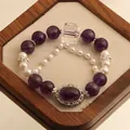 Natural purple amethyst beaded bracelet with elegant white pearls and clear crystal - Artificial Pearl Magic Box Style / Purple