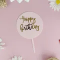 Rosa runder Acryl-Kuchenaufsatz mit goldener Happy Birthday Aufschrift für Geburtstage - Rosa