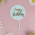 Runder hellblauer Acryl-Kuchentopper mit goldener Aufschrift Happy Birthday Deko. - Blau
