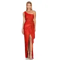 Elegant one-shoulder red sequined maxi dress with ruched waist and high slit for formal events - S / Bottoms / Red