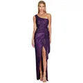 Elegant purple one-shoulder sequin maxi dress with high slit and pleated detail - S / Purple
