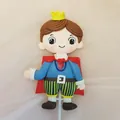 Handmade polymer clay prince cartoon boy cake topper with yellow crown and red cape - Prince