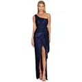 Elegant navy blue one-shoulder sequin maxi evening dress featuring a high side slit detail - S / Dark Blue
