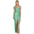 Elegant mint green sequined one-shoulder maxi evening dress with a high slit and waist tie - S / Light Green