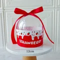 Caja para tarta de cúpula de fresa transparente de 12 cm con base roja y lazo - Caja de embalaje de cubo de abrazo de fresa / 12cm