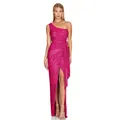 Elegant fuchsia one-shoulder sequin evening gown with ruched waist and high slit - S / Bottoms / Rose Red