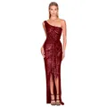 Elegant burgundy one-shoulder sequin evening gown with side slit and waist tie details. - S / Top And Bottom / Burgundy